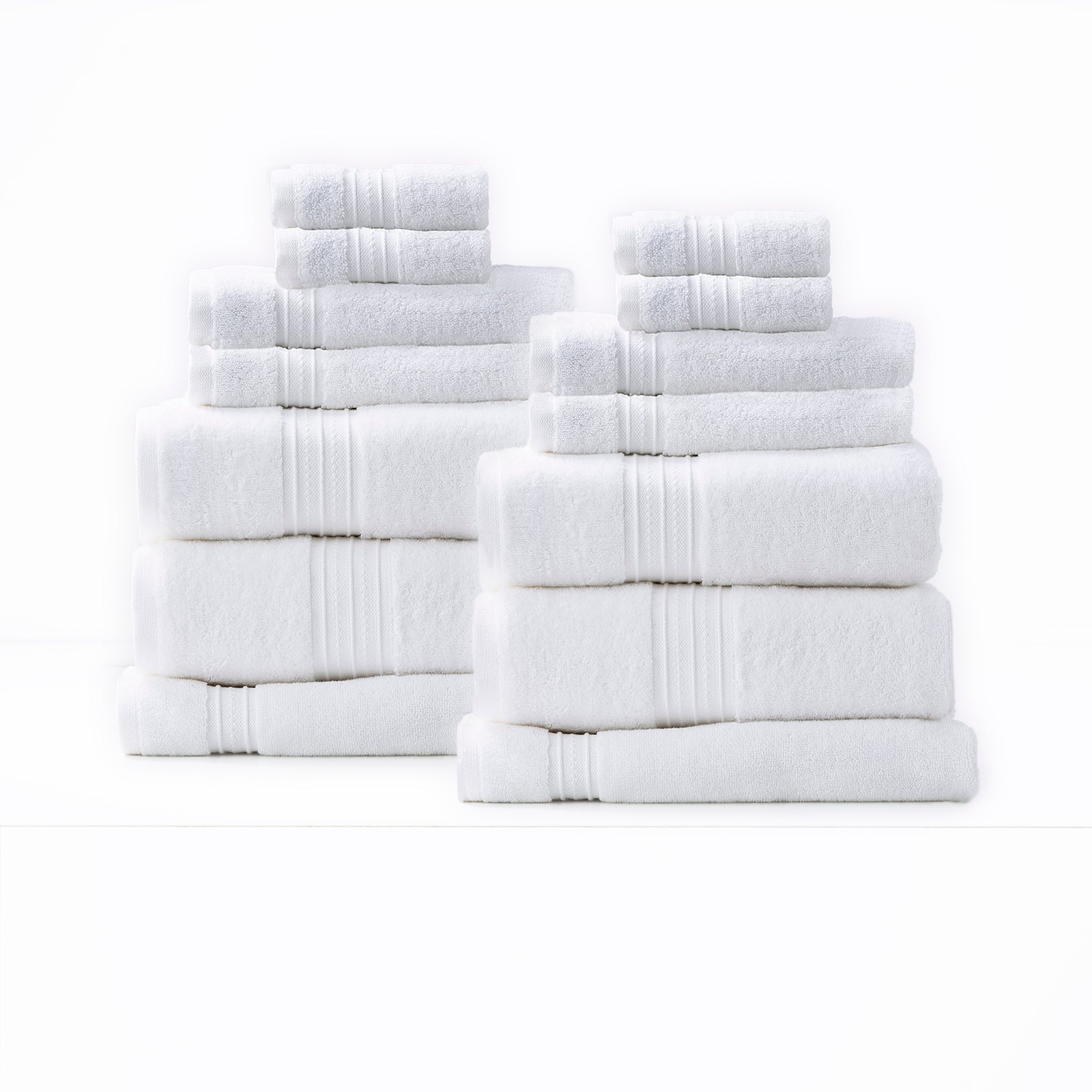 Bright white bath towels, 14-piece set, luxurious low-twist 650 GSM cotton, Renee Taylor Brentwood bathroom towels.