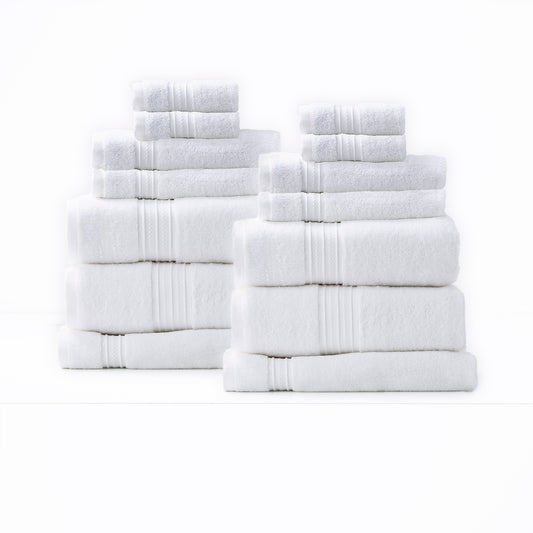 Bright white bath towels, 14-piece set, luxurious low-twist 650 GSM cotton, Renee Taylor Brentwood bathroom towels.