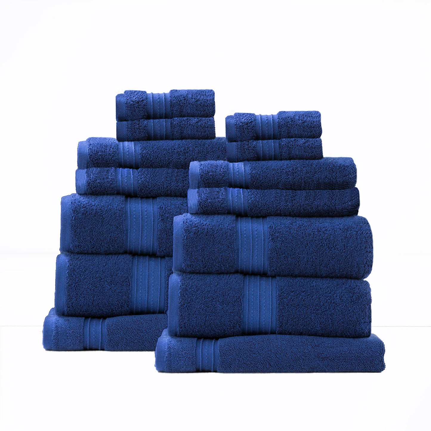 Royal blue luxury bath towels by Renee Taylor, 14-piece Brentwood set, 650 GSM low twist combed cotton, bathroom essentials.