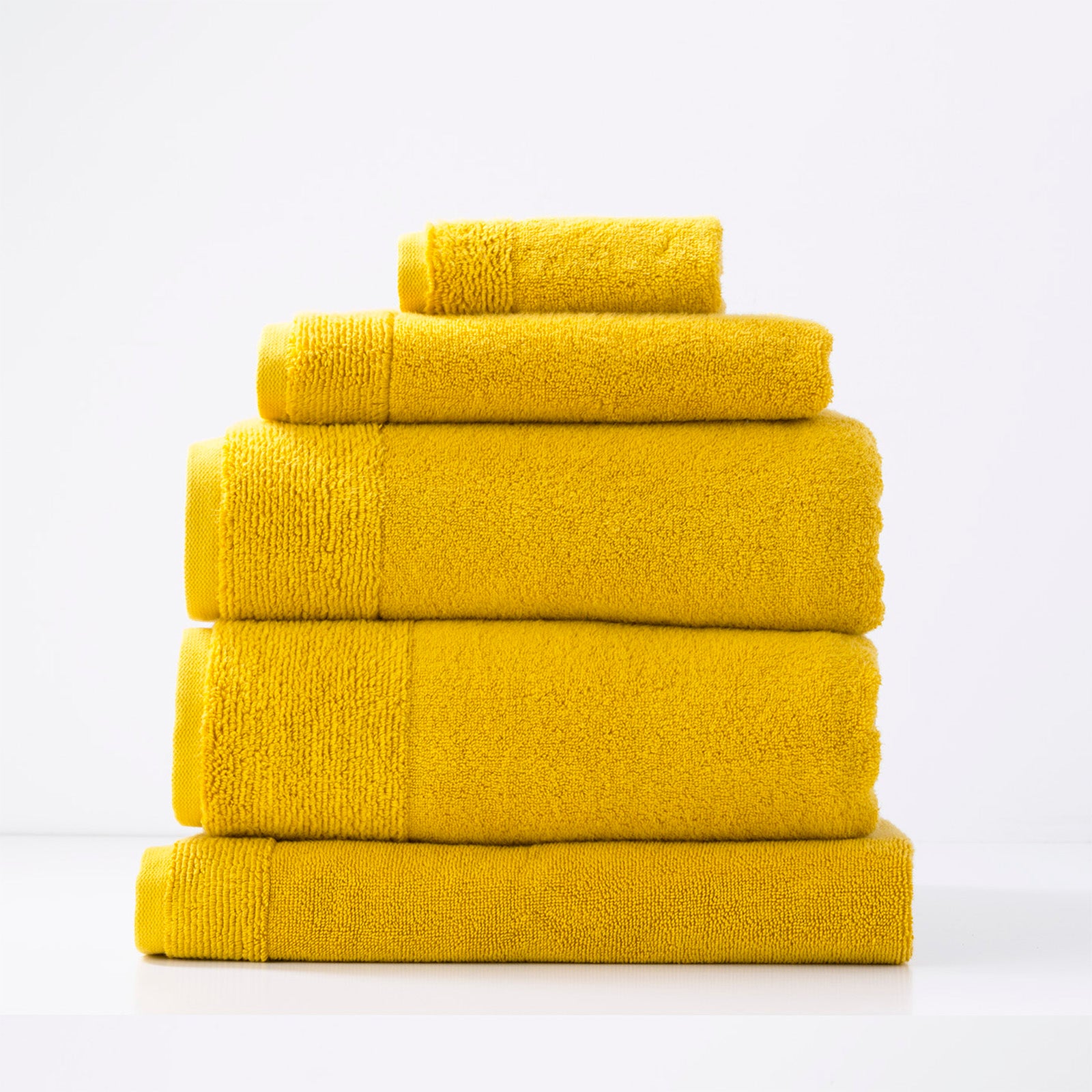 Luxury yellow Aireys 650 GSM 5 piece bath towel set by Renee Taylor, zero twist cotton for soft, quick-drying bathroom towels.