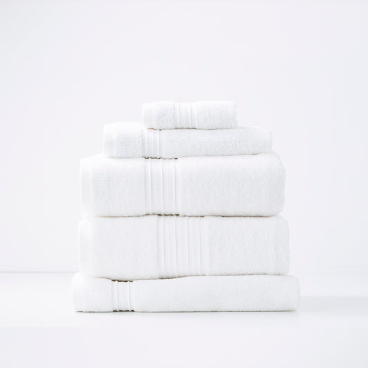 Bright white bath towels, luxury 5-piece set by Renee Taylor, 650 GSM, low twist combed cotton for softness and quick drying.