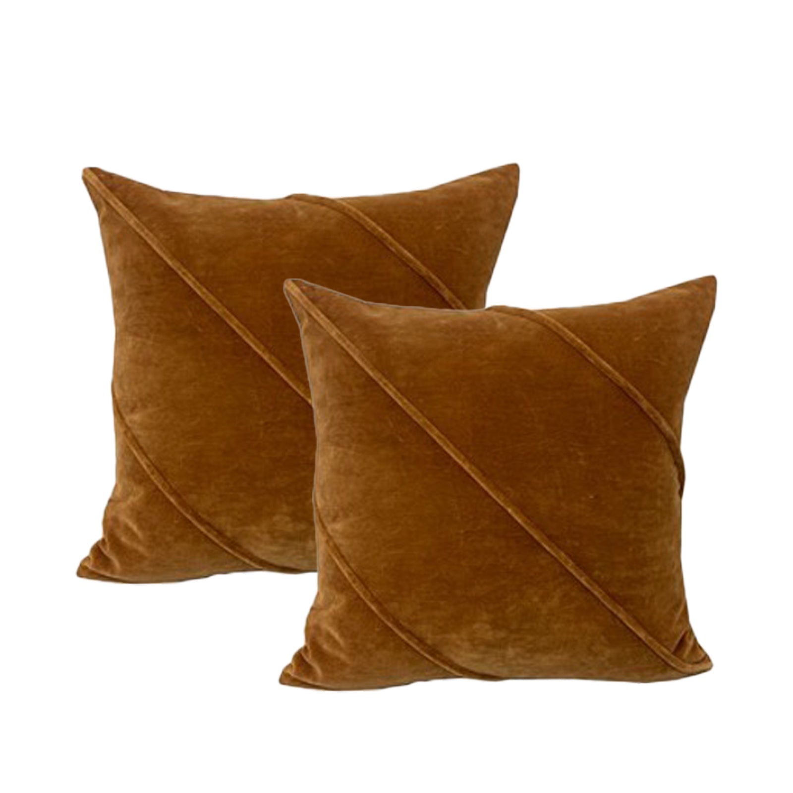 Twin pack of Trova cotton velvet cushions in warm brown with stylish diagonal stripe design. Perfect for bed or couch decor.