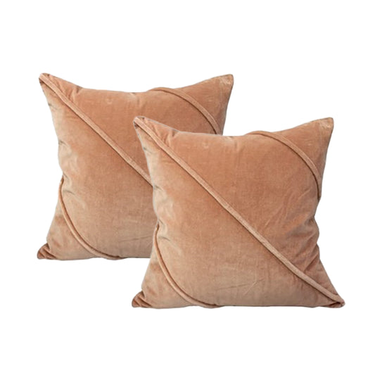 Trova blush twin pack cotton velvet cushions with stylish striped edging for bed or couch decor.