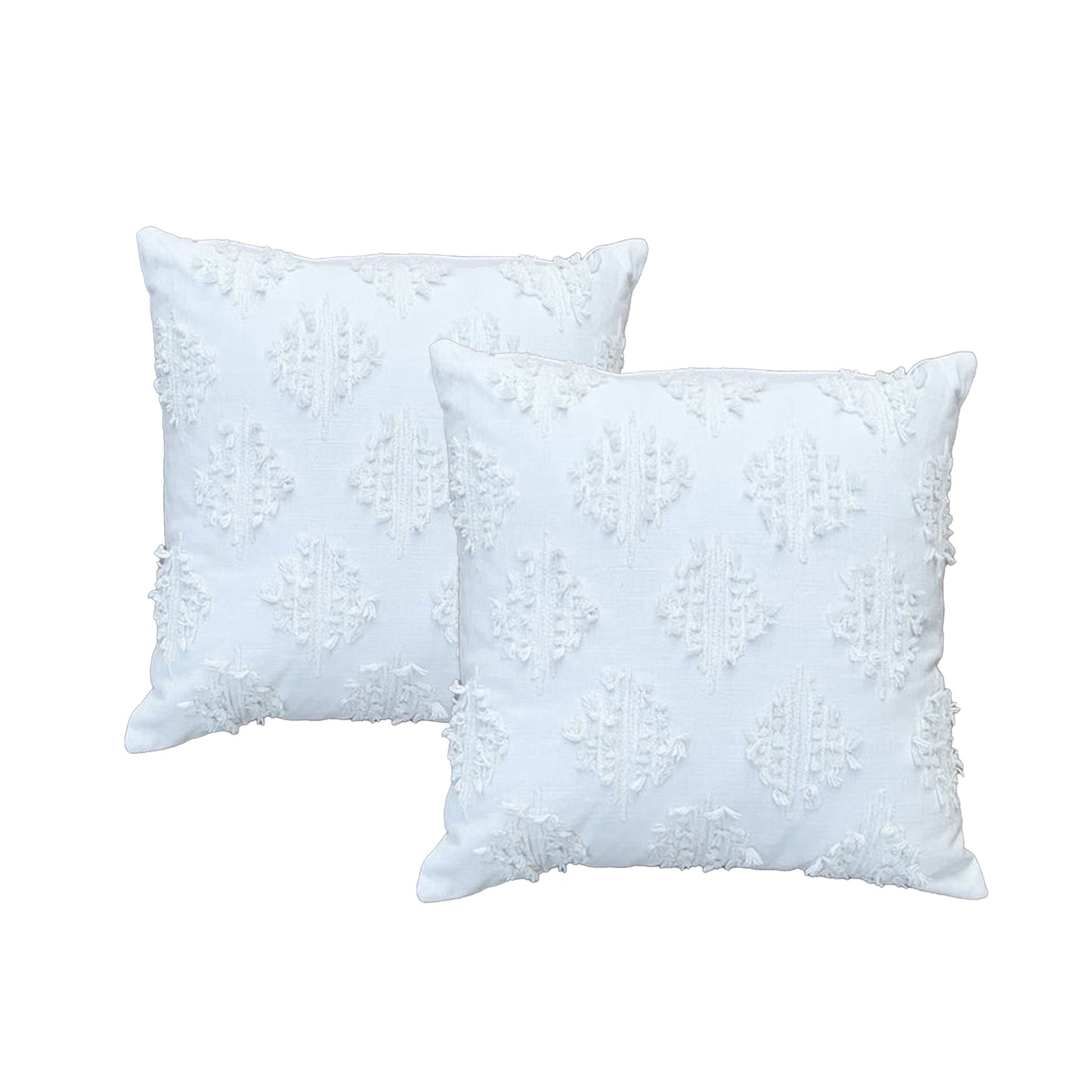 Olena White twin pack cotton chenille embroidered cushions, soft and luxurious decor for bed or couch.