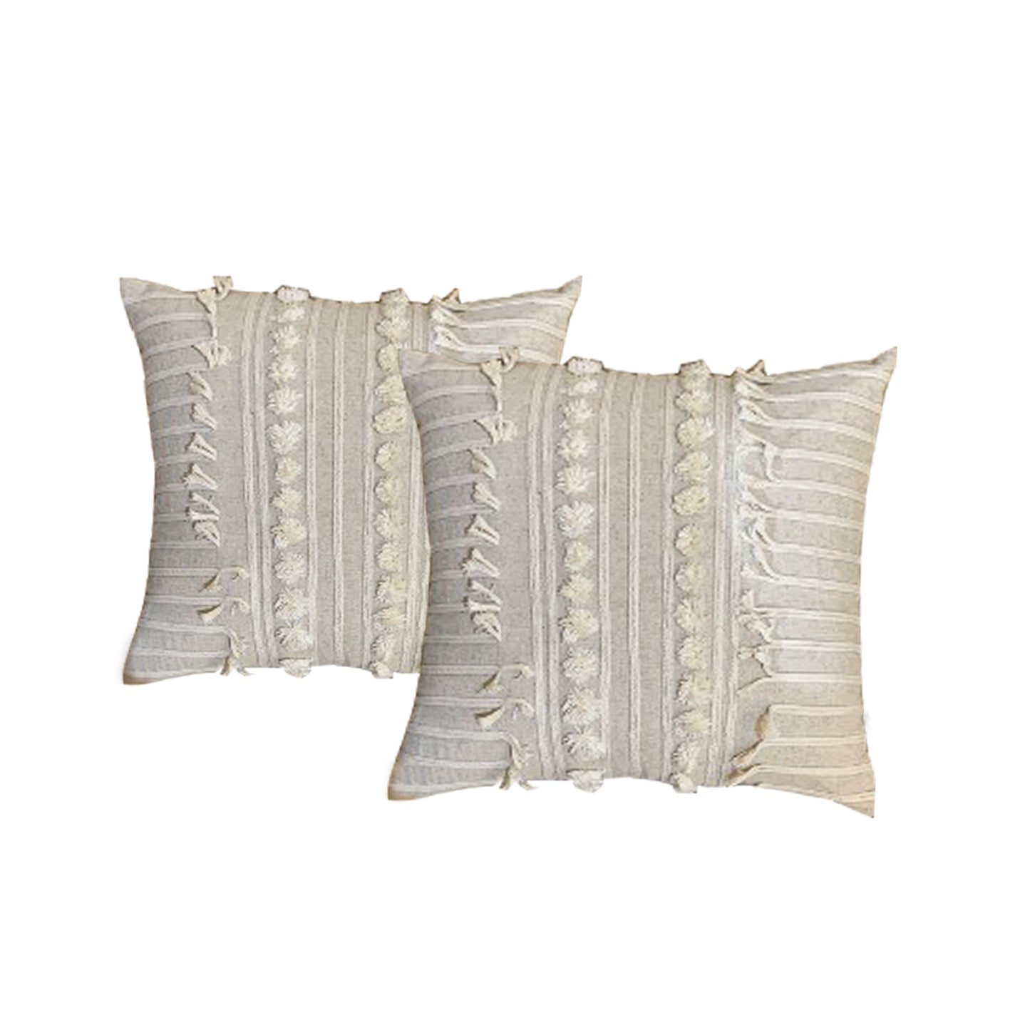 Twin pack natural linen cushions with embroidered details, perfect for couch or bed decor.