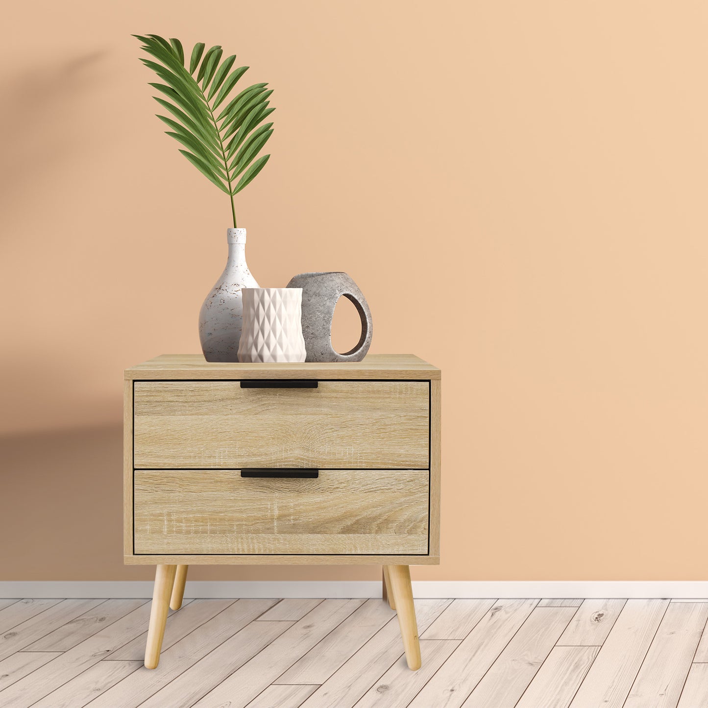 Minimalist Milano Decor bedside table with drawers, perfect nightstand for bedroom storage, featuring stylish design and natural wood finish.