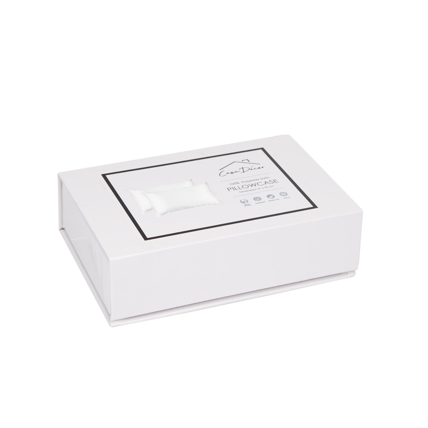 Casa Decor luxury satin pillowcase gift box in white, perfect for elegant bedding and smooth hair care.