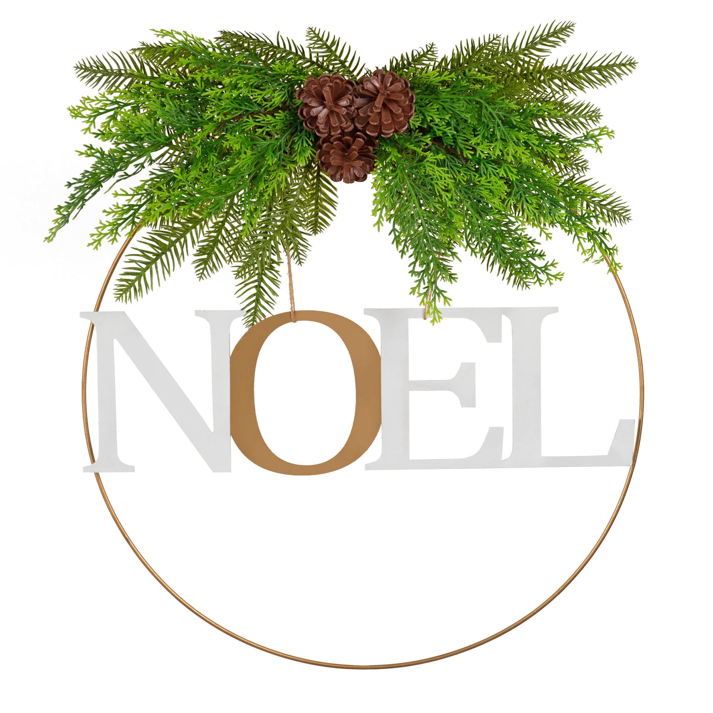 Elegant NOEL Christmas wreath with greenery and pinecones, perfect for festive holiday home decor.