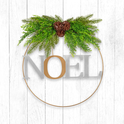 Elegant NOEL Christmas wreath with greenery and pinecones, perfect for festive holiday decor and seasonal celebrations.