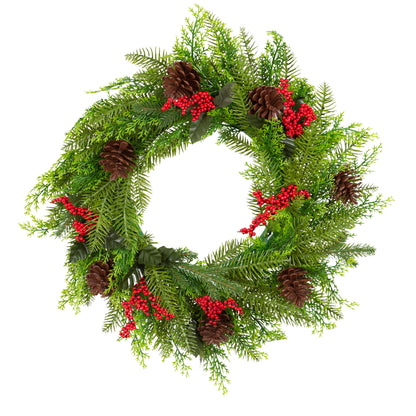 Pine cone and red berry Christmas wreath, 50cm diameter, perfect for festive decorations and holiday door displays.