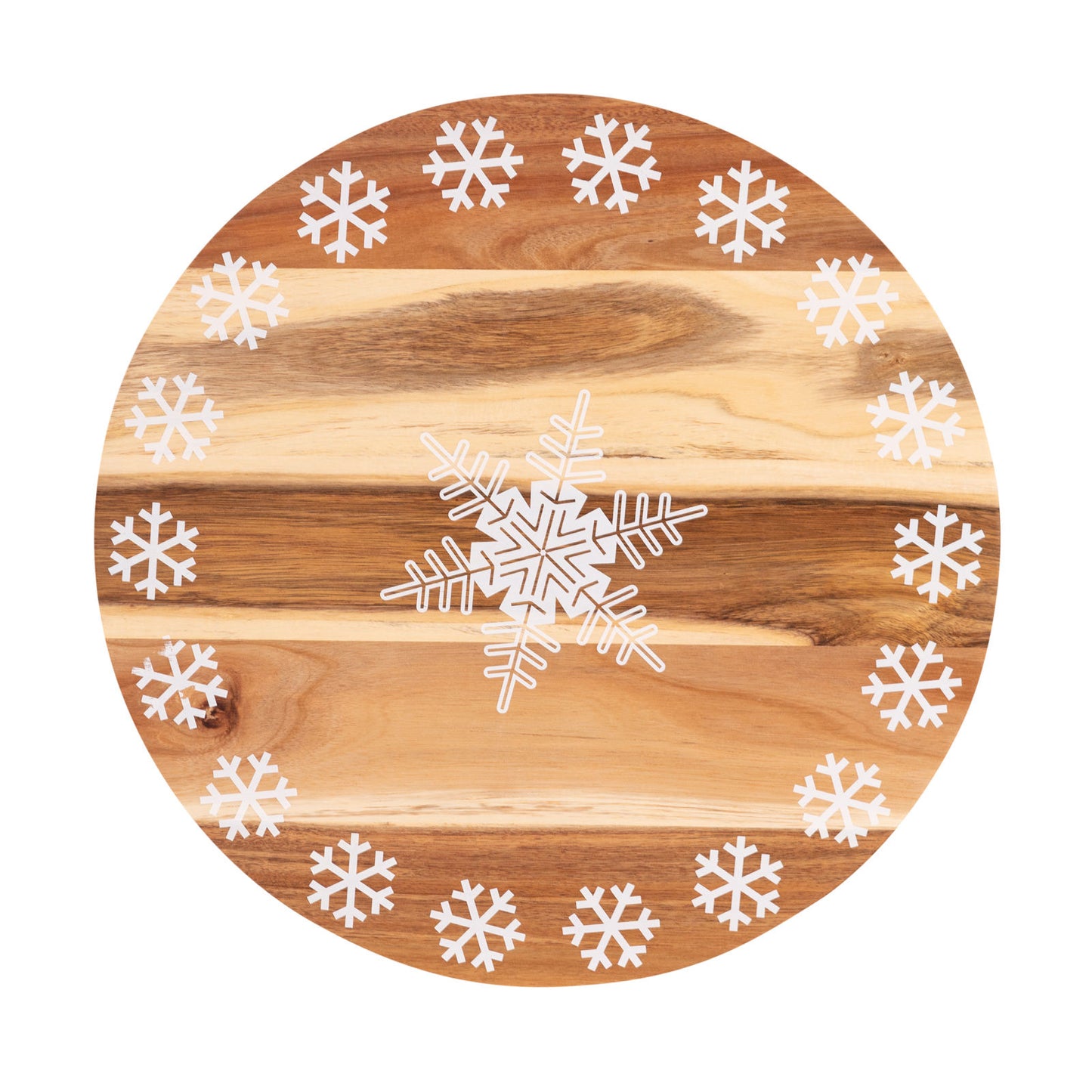 18-inch wooden lazy susan tray featuring a white snowflake design, perfect for Christmas table decorations.