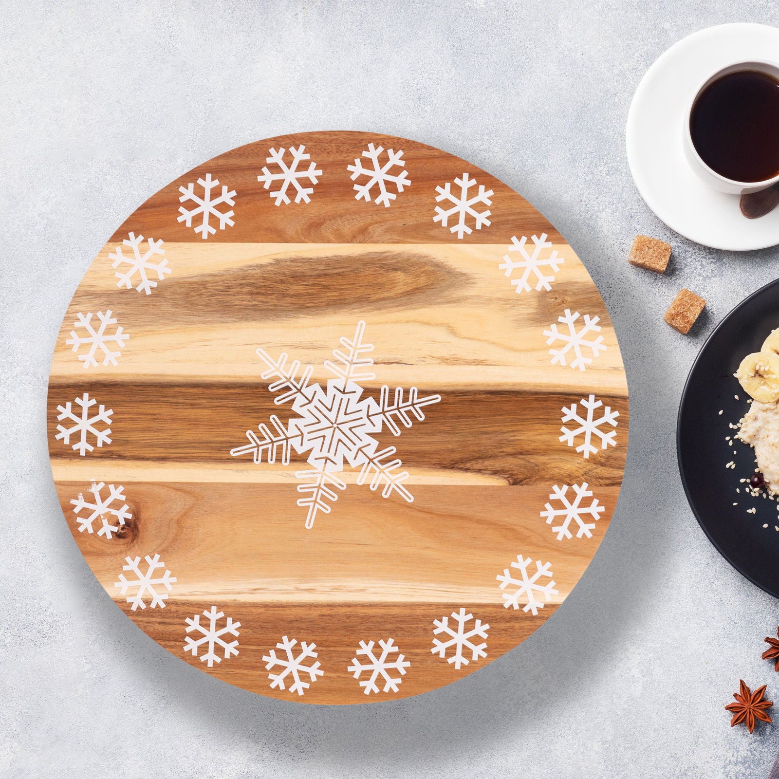 18-inch wooden lazy susan with white snowflake design, perfect for Christmas table decorations and holiday gatherings.