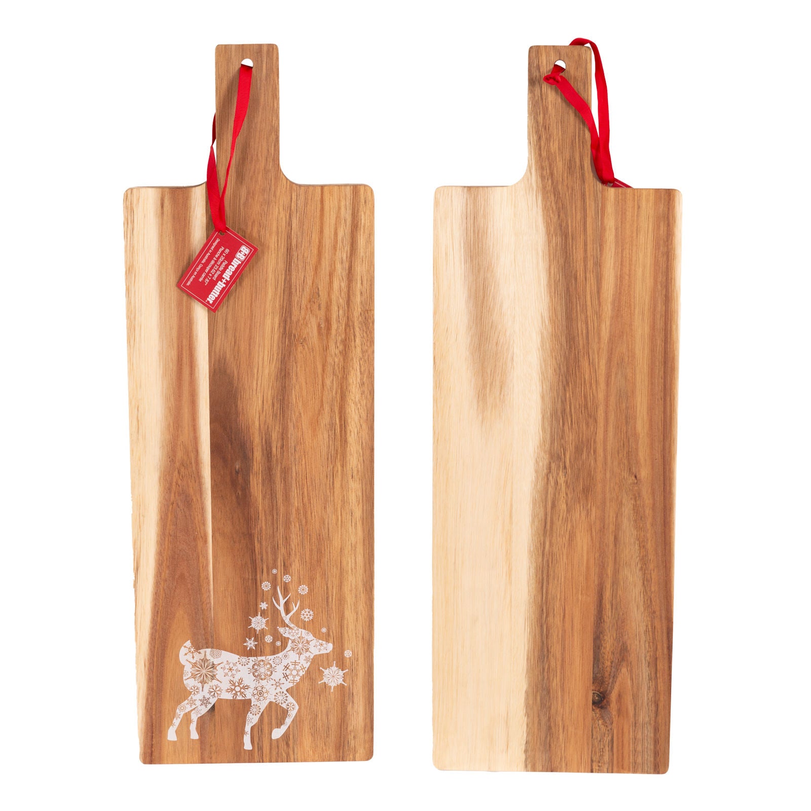 Elegant acacia wood paddle board with festive reindeer design, perfect for serving and Christmas table decorations.