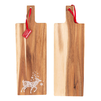 Elegant acacia wood paddle board with festive reindeer design, perfect for serving and Christmas table decorations.