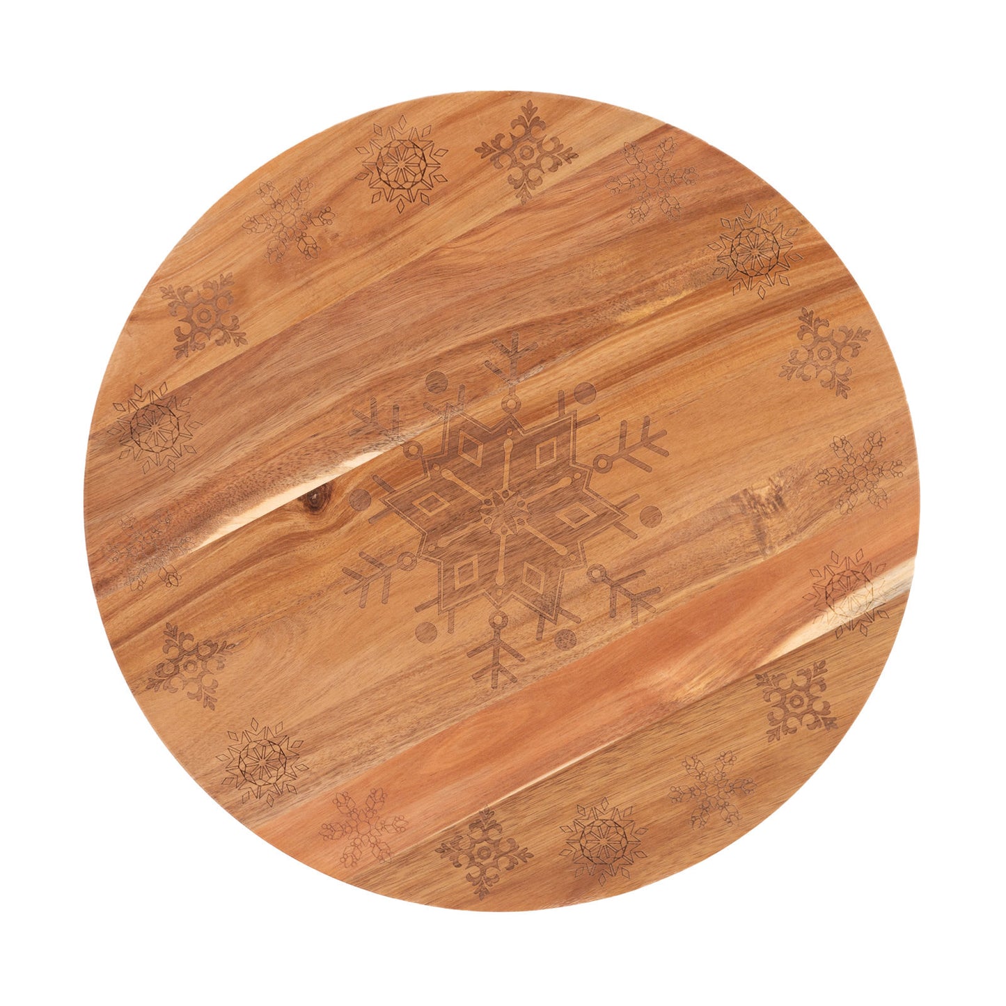 18-inch wooden lazy Susan tray featuring an intricate snowflake design, perfect for Christmas table decorations.