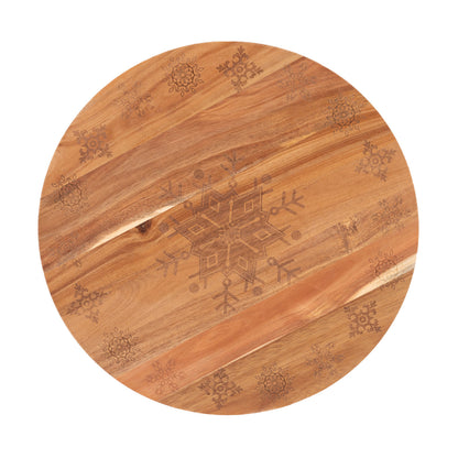 18-inch wooden lazy Susan tray featuring an intricate snowflake design, perfect for Christmas table decorations.