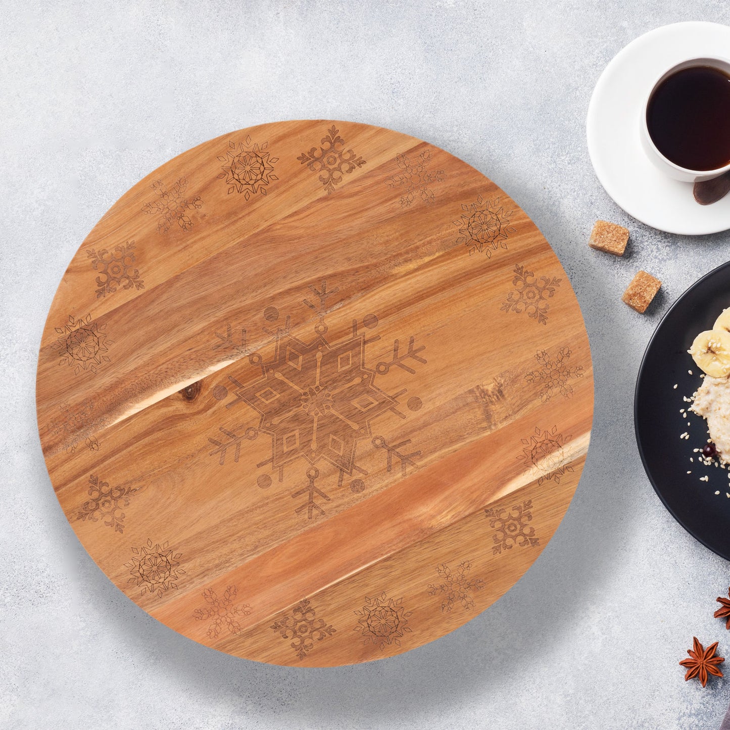 18-inch wooden lazy susan tray with snowflake design, perfect for Christmas table decorations and festive gatherings.