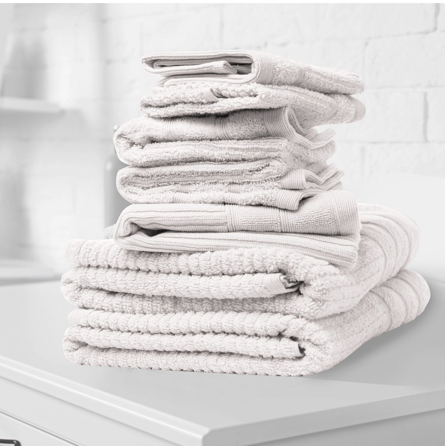 Luxury white Egyptian cotton bath towels set, 8 piece, 600GSM, perfect for elegant bathroom decor and ultimate softness and absorption.