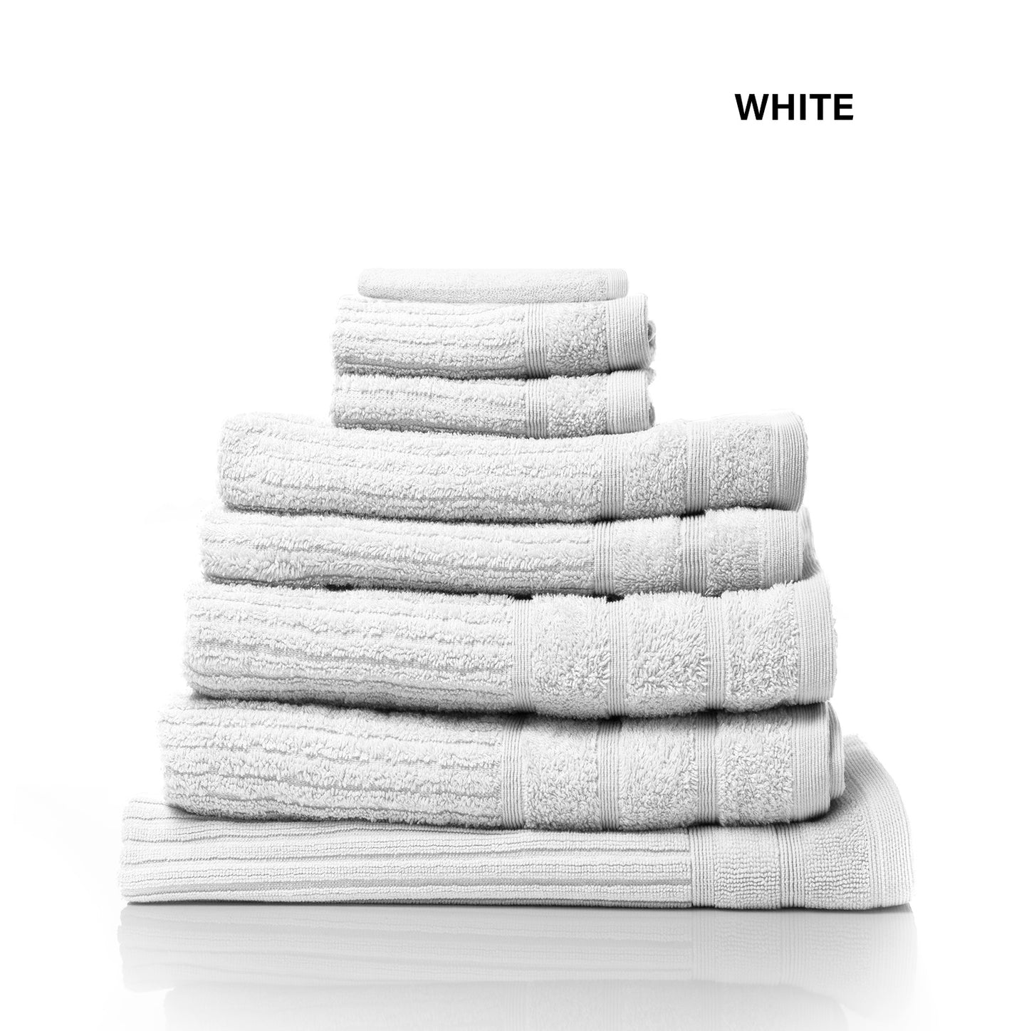 White 8 piece luxury Egyptian cotton bath towels set, 600GSM, perfect for bathroom elegance and comfort.