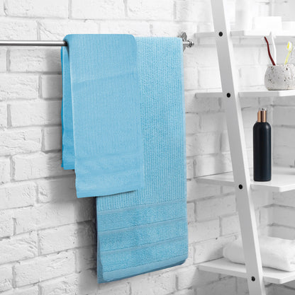 Aqua Egyptian cotton bath towels on rack in modern bathroom, luxury towel set with 8 pieces, soft and absorbent.