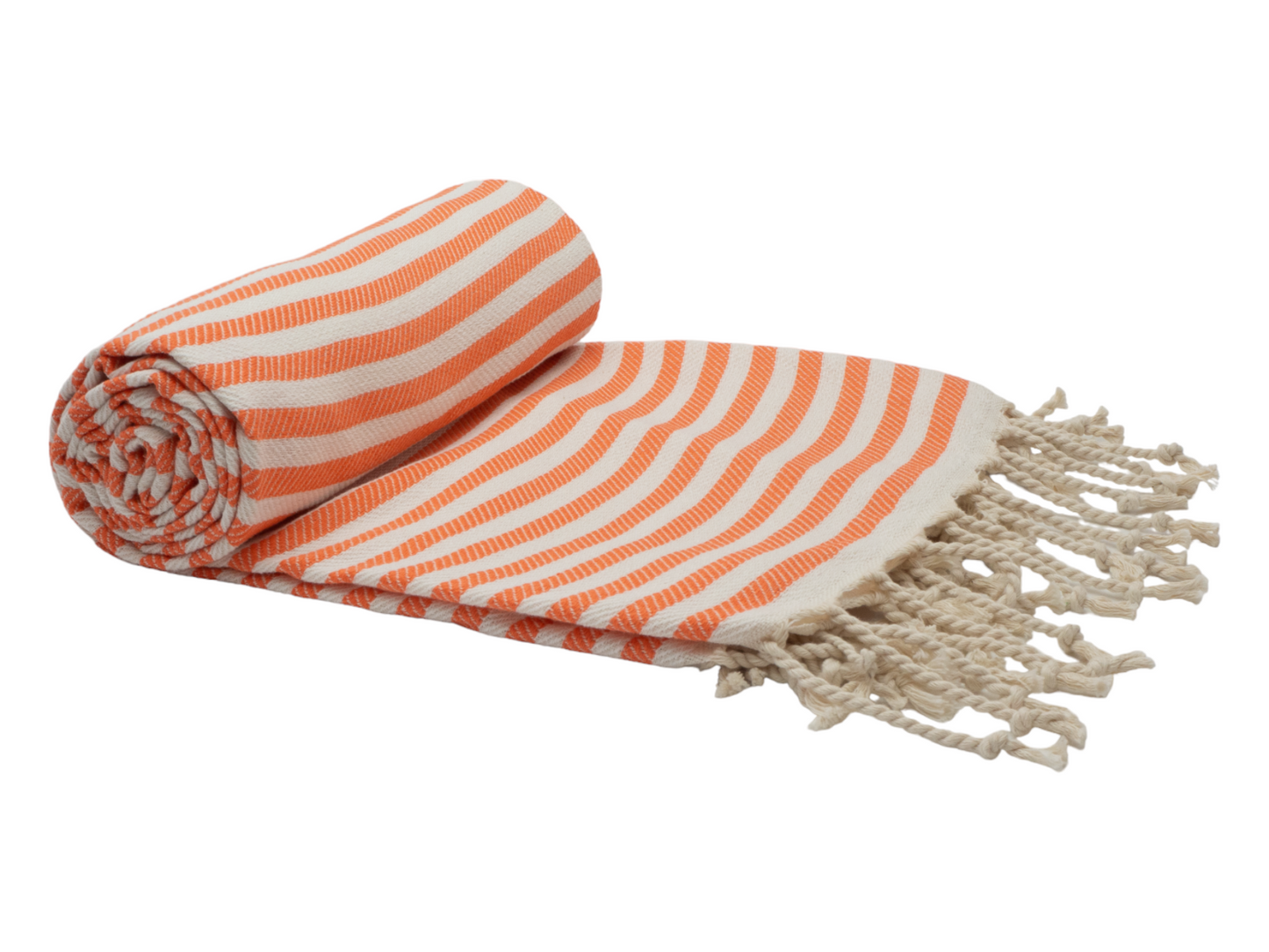 Portsea Turkish cotton beach towel in coral and white stripes, rolled up with tassels, perfect for a beach day.