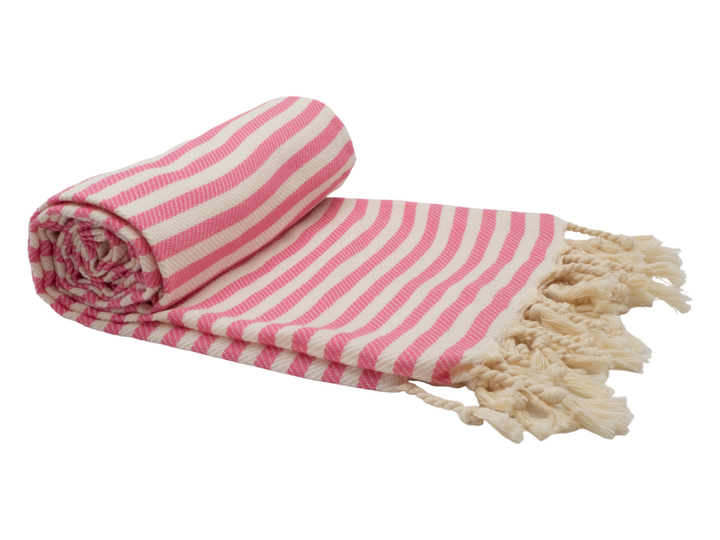 Rolled Portsea Turkish cotton beach towel in rose stripes with fringed edges, perfect for a stylish day at the beach.