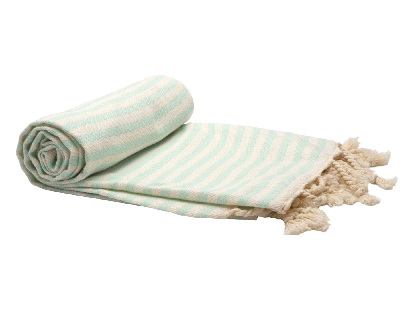 Rolled Portsea Turkish cotton beach towel in seafoam stripes with fringed edges. Perfect for stylish beach days.