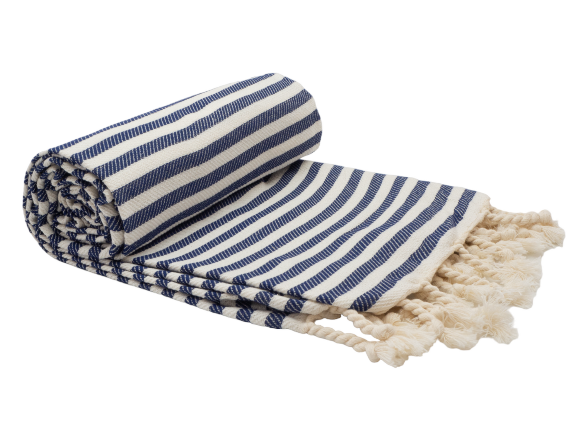 Rolled Portsea Turkish cotton beach towel in navy and white stripes with fringed edges, perfect for beach days.