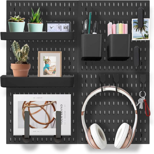 Pegboard Combination Kit showcasing wall hanging organiser with plants, stationery, photos, and headphones for custom storage.