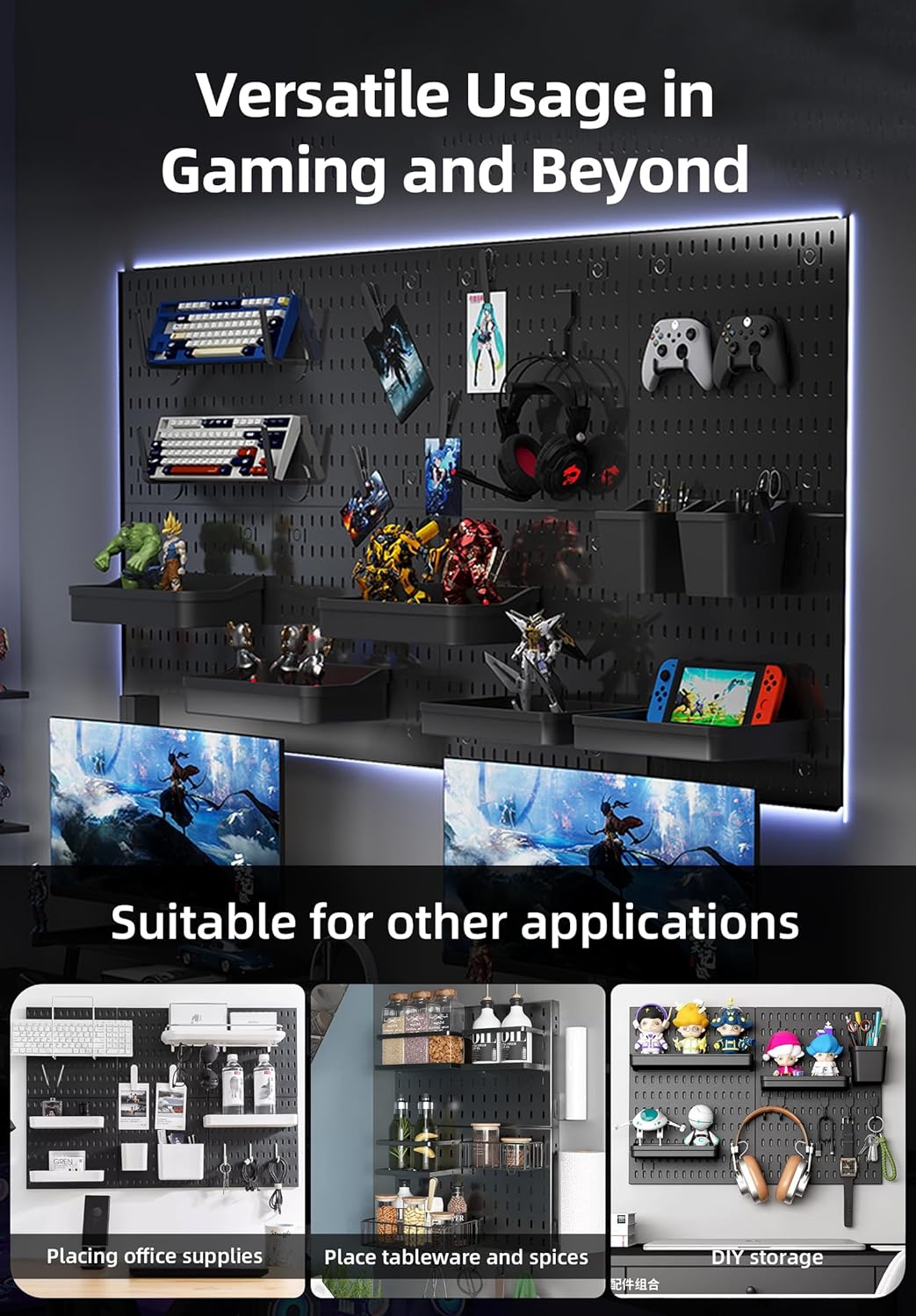 Modular pegboard wall organiser showcasing versatile storage for gaming, office supplies, and DIY applications.