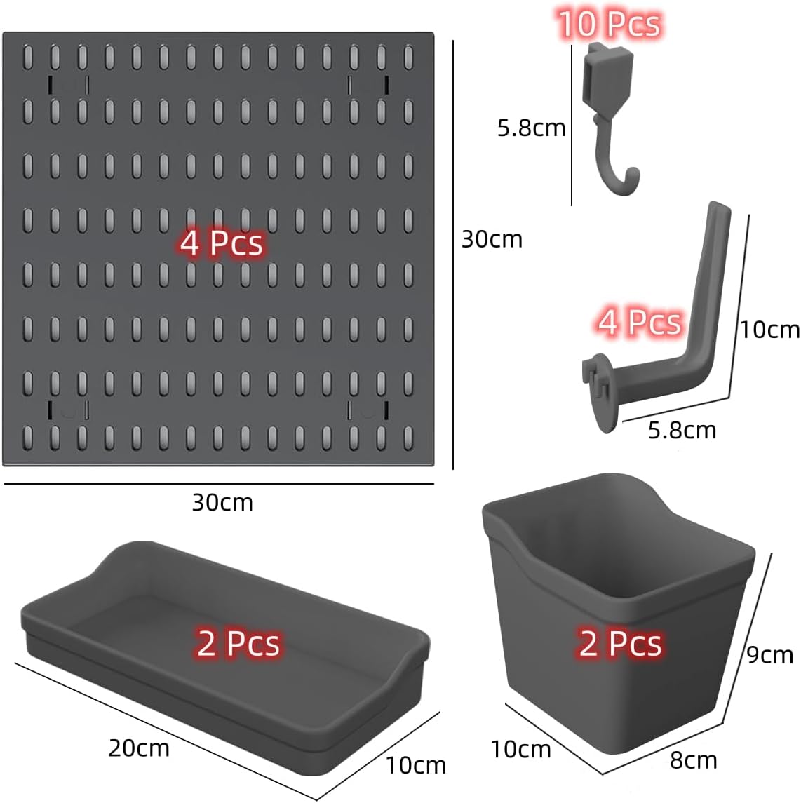 Pegboard Combination Kit components including 4 pegboards, hooks, and storage bins for customizable wall organiser.