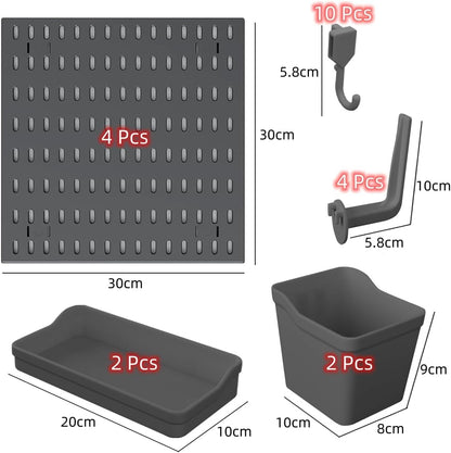 Pegboard Combination Kit components including 4 pegboards, hooks, and storage bins for customizable wall organiser.