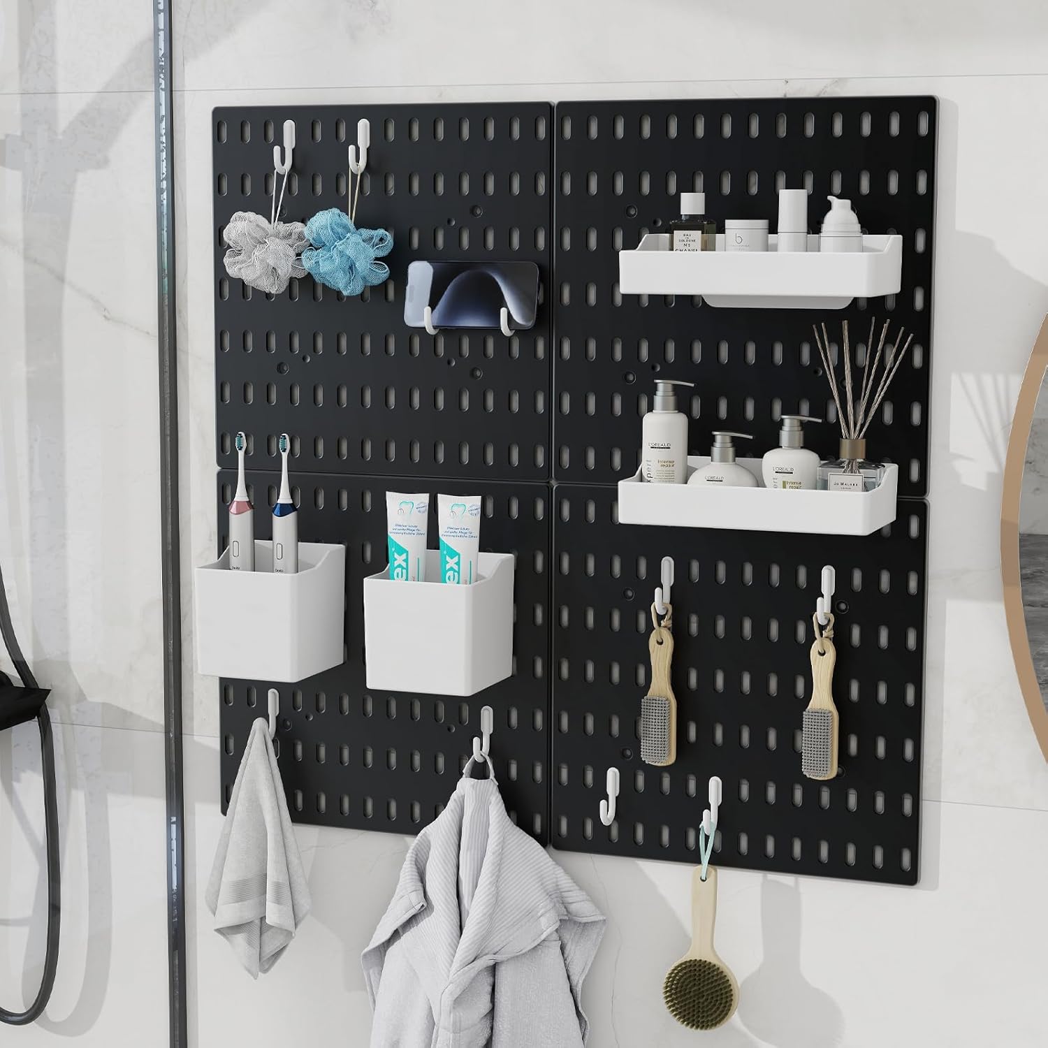 Pegboard combination kit with accessories for wall hanging storage and easy customization in a bathroom setting.