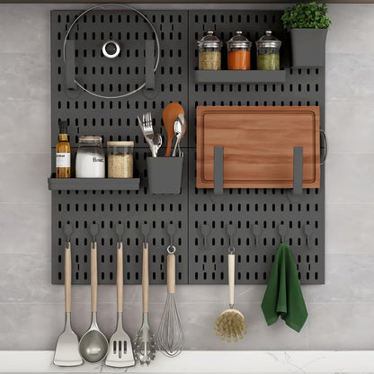 Organized pegboard wall with kitchen utensils, jars, and a wooden cutting board for efficient storage and customization.