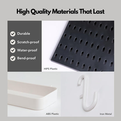 High quality materials for pegboard kit: durable HIPS plastic, ABS plastic storage, and bend-proof iron hooks.