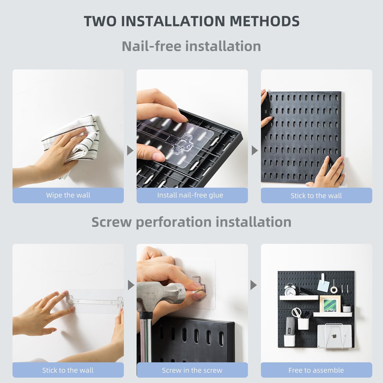 Two installation methods for pegboards: nail-free and screw perforation for easy wall hanging and customization.