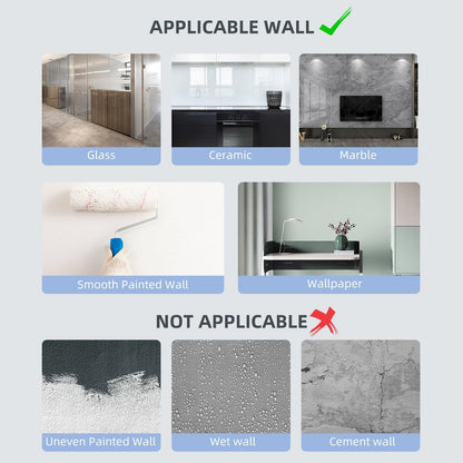 Wall compatibility guide for pegboard: applicable surfaces include glass, ceramic, marble, and smooth painted walls.