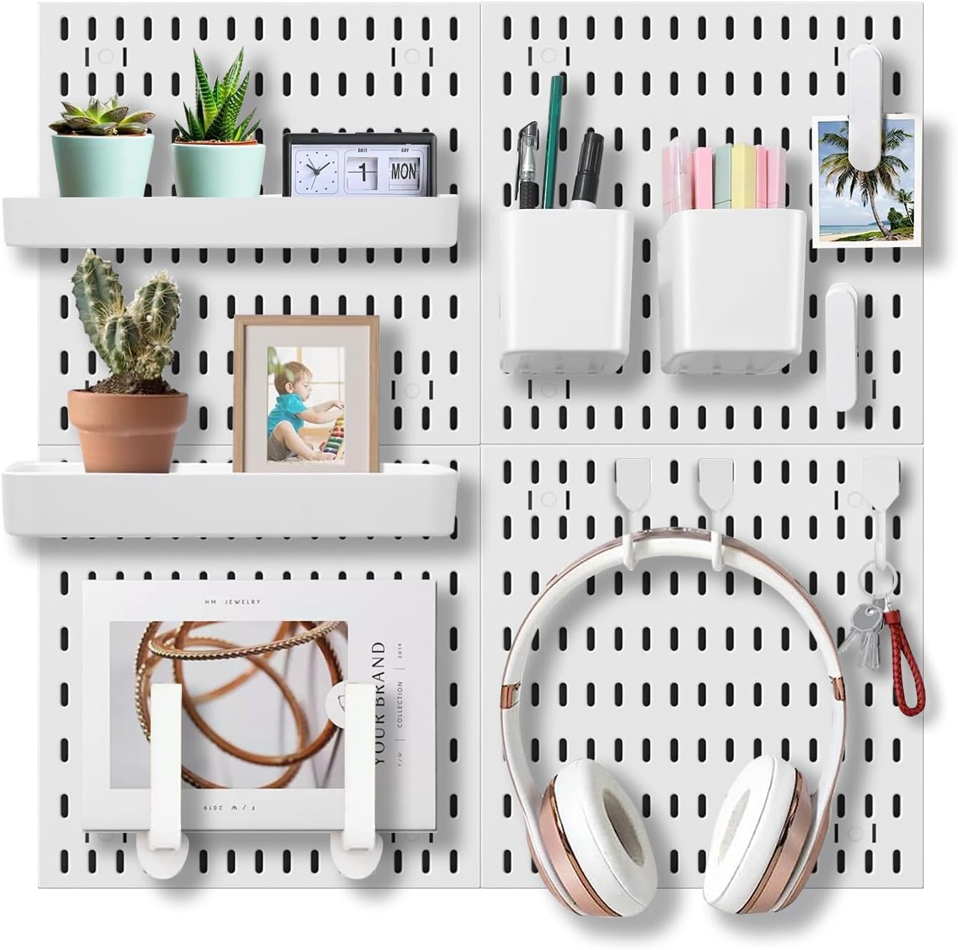 Organized pegboard wall hanging featuring plants, office supplies, and headphones for efficient storage and customisation.