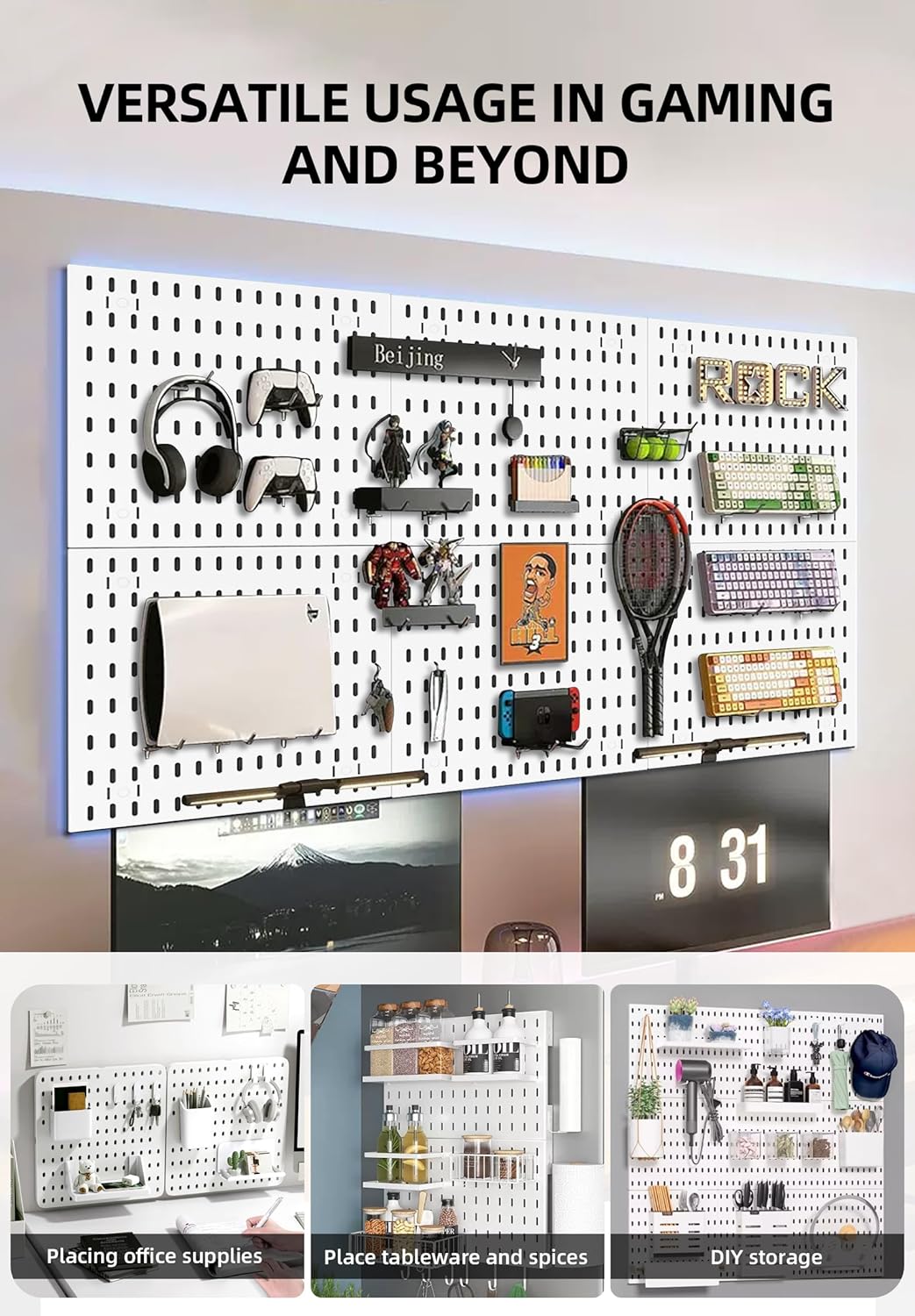 Pegboard wall organiser showcasing versatile storage for gaming, office supplies, and DIY projects in a modern space.