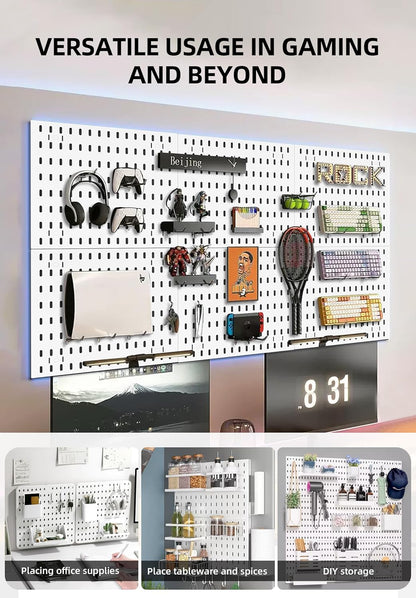 Pegboard wall organiser showcasing versatile storage for gaming, office supplies, and DIY projects in a modern space.