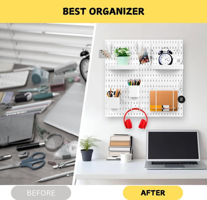 Before and after image showing a cluttered desk transforming into a neat wall hanging organiser with pegboards.