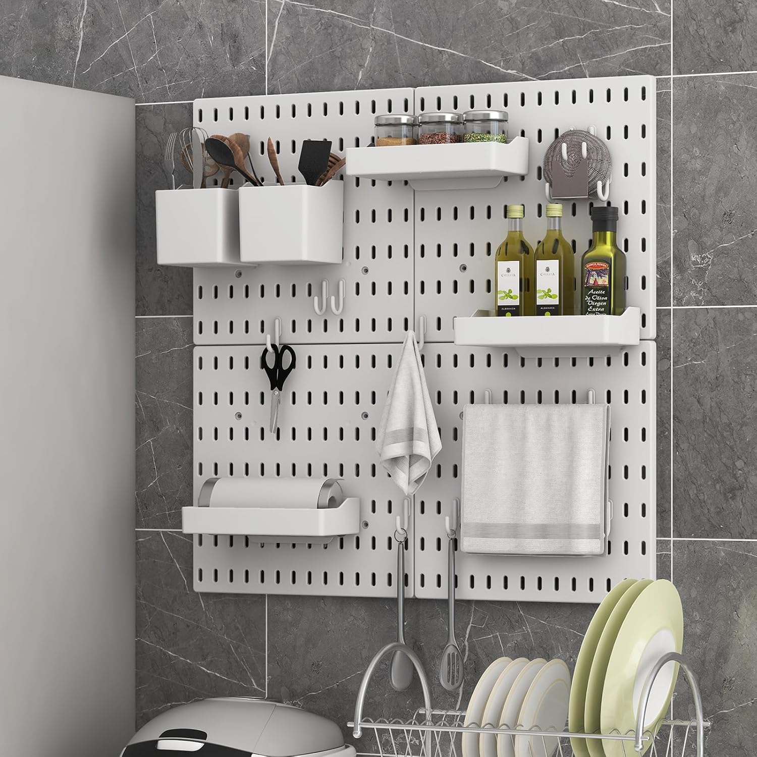 White pegboard wall organiser with kitchen utensils, spices, and storage shelves for efficient space customisation.