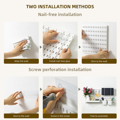 Installation methods for pegboard kit: nail-free and screw perforation steps for easy wall mounting.