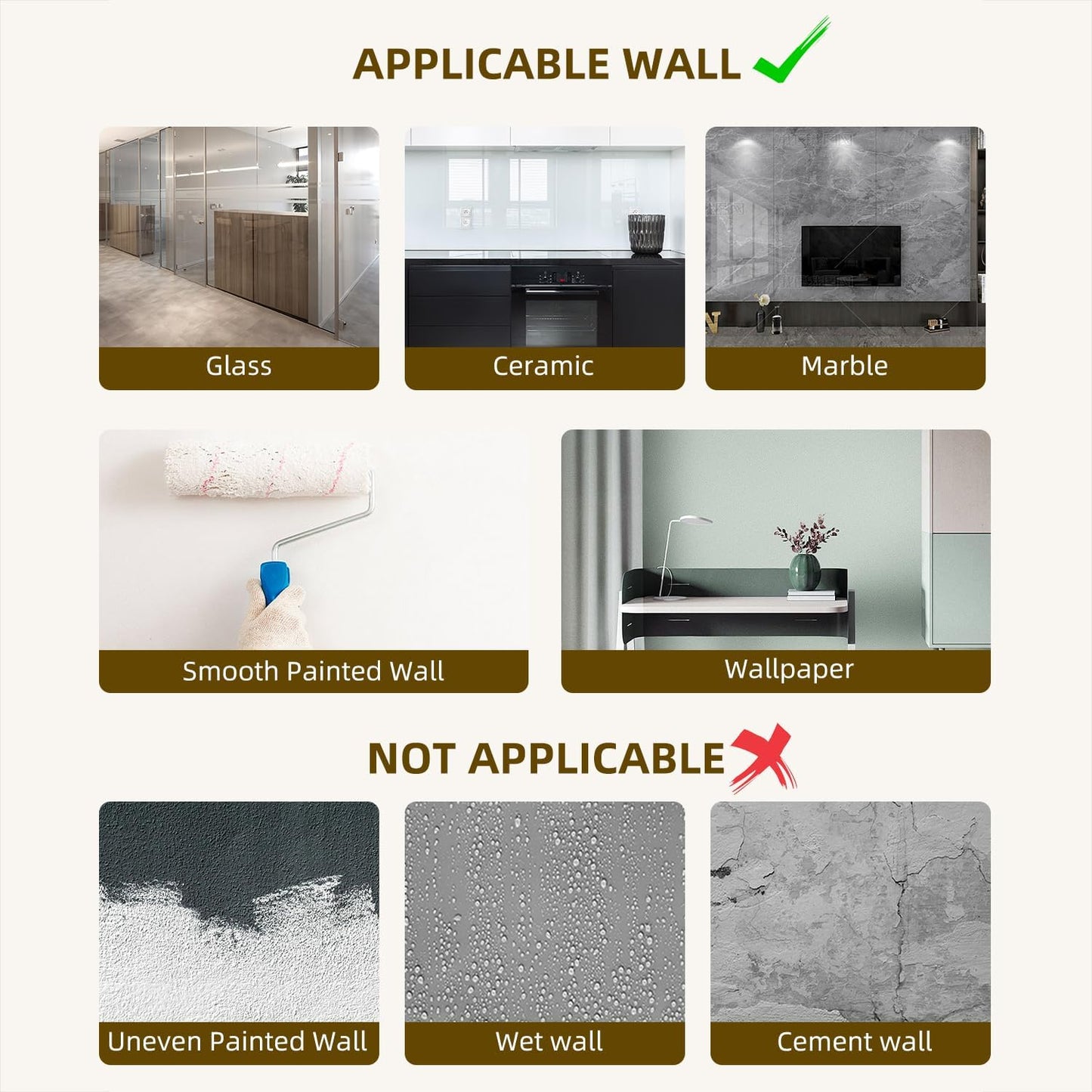 Image showing applicable and non-applicable wall types for pegboard installation, including glass, ceramic, and uneven surfaces.