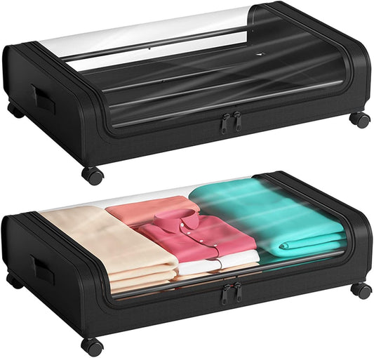 XXL under bed storage containers in black with smooth-rolling wheels, showcasing neatly folded clothes.