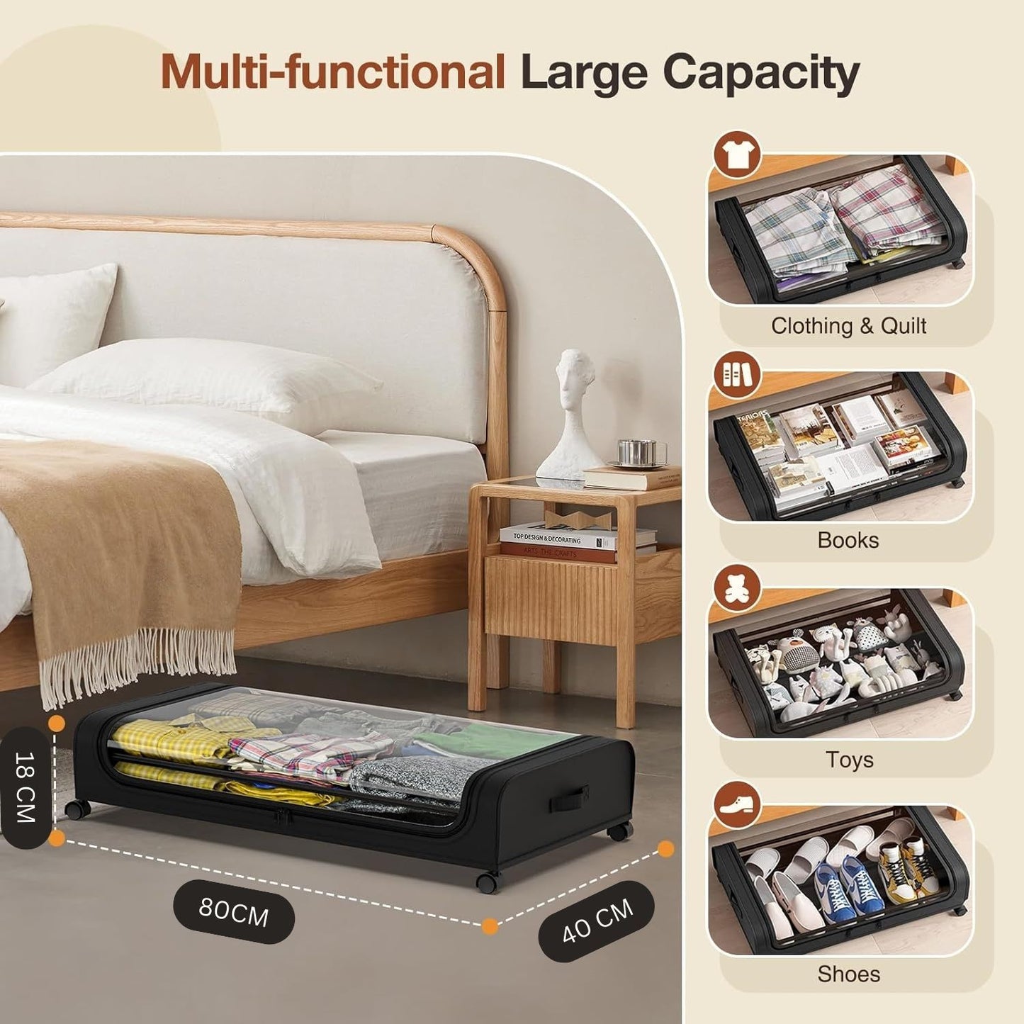 Multi-functional XXL under bed storage container with large capacity for clothing, books, toys, and shoes.