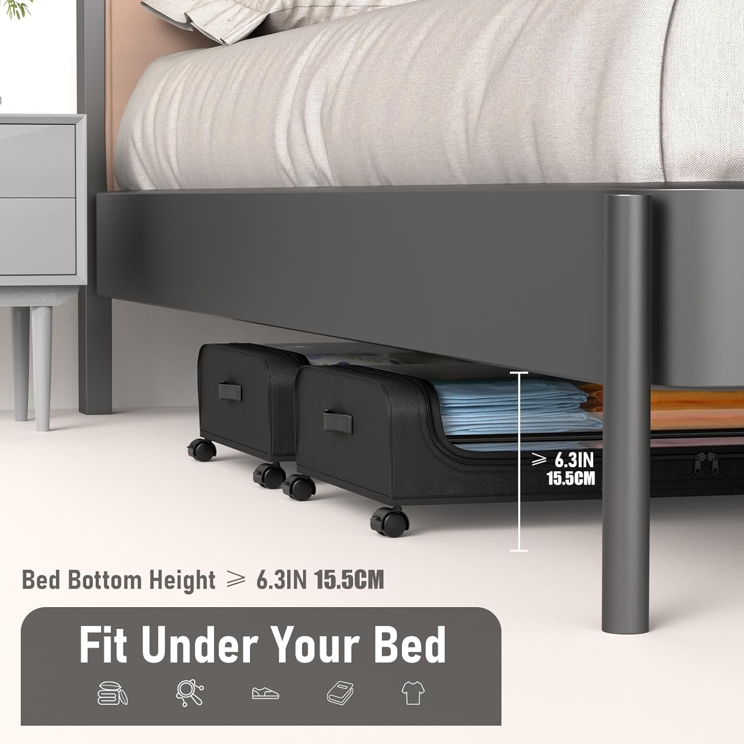 Under bed storage containers with wheels fitting under a low bed, highlighting practical closet organization.