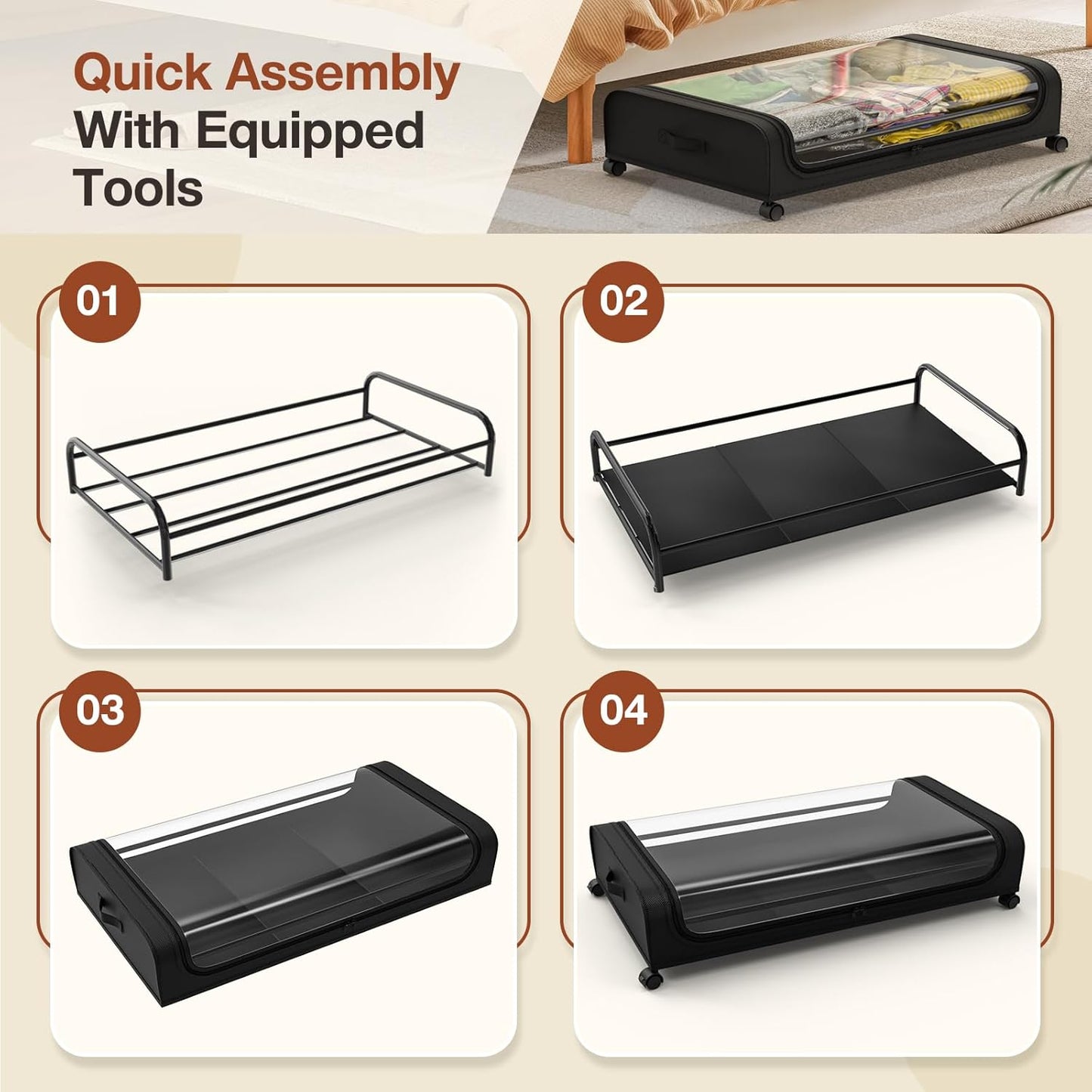 Step-by-step assembly guide for XXL under bed storage containers with tools for easy setup.