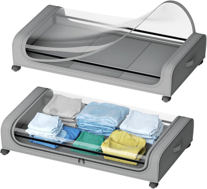 XXL under bed storage containers in grey, featuring wheels and transparent lids for easy access and organization.