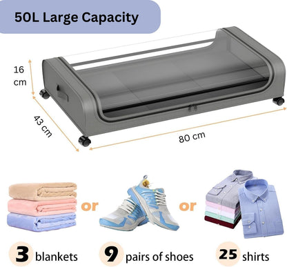 XXL under bed rolling storage container with 50L capacity for organizing blankets, shoes, and shirts in grey.